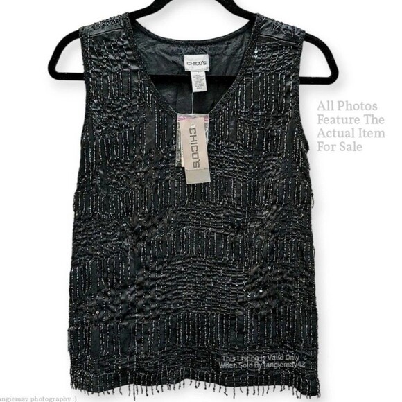 Chicos Adrian Black Beaded Fringe Formal Dressy Sleeveless Top Size 1 Medium NWT - Picture 1 of 10